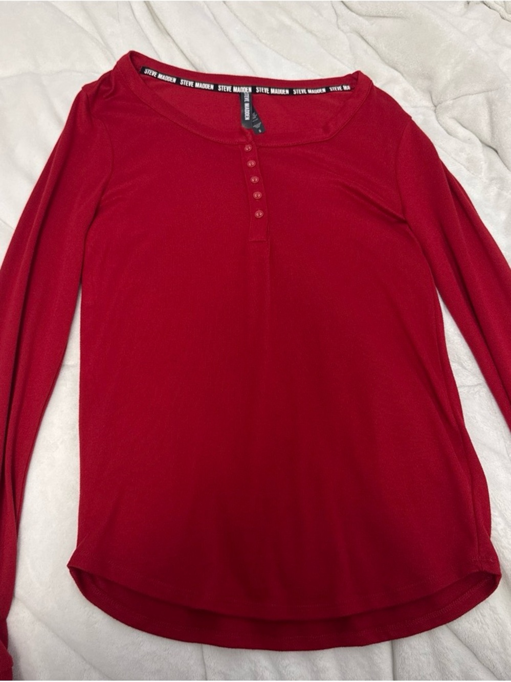 Steve Madden Red Long-Sleeve Henley Top with Button Placket